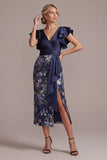 Navy Floral Bodycon V-Neck Ruffled Midi Mother Of the Bride Dress with Slit