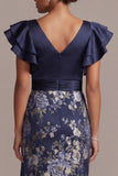 Navy Floral Bodycon V-Neck Ruffled Midi Mother Of the Bride Dress with Slit