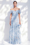 A-Line Blue Off the Shoulder Chiffon Floral Long Mother Of the Bride Dress