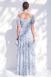 A-Line Blue Off the Shoulder Chiffon Floral Long Mother Of the Bride Dress