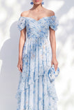A-Line Blue Off the Shoulder Chiffon Floral Long Mother Of the Bride Dress