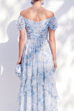 A-Line Blue Off the Shoulder Chiffon Floral Long Mother Of the Bride Dress