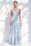 A-Line Blue Chiffon Floral Spaghetti Straps Ruched Long Mother Of the Bride Dress