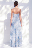 A-Line Blue Chiffon Floral Spaghetti Straps Ruched Long Mother Of the Bride Dress