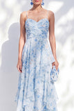 A-Line Blue Chiffon Floral Spaghetti Straps Ruched Long Mother Of the Bride Dress