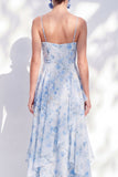 A-Line Blue Chiffon Floral Spaghetti Straps Ruched Long Mother Of the Bride Dress