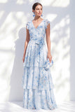 Chiffon A-Line Blue Floral V-Neck Tiered Ruffled Long Mother Of the Bride Dress with Belt