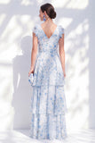 Chiffon A-Line Blue Floral V-Neck Tiered Ruffled Long Mother Of the Bride Dress with Belt