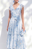 Chiffon A-Line Blue Floral V-Neck Tiered Ruffled Long Mother Of the Bride Dress with Belt
