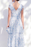 Chiffon A-Line Blue Floral V-Neck Tiered Ruffled Long Mother Of the Bride Dress with Belt