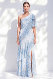Chiffon Mermaid Blue Floral One Shoulder Ruffled Long Mother Of the Bride Dress with Slit