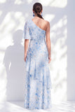 Chiffon Mermaid Blue Floral One Shoulder Ruffled Long Mother Of the Bride Dress with Slit