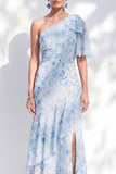 Chiffon Mermaid Blue Floral One Shoulder Ruffled Long Mother Of the Bride Dress with Slit