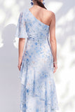 Chiffon Mermaid Blue Floral One Shoulder Ruffled Long Mother Of the Bride Dress with Slit