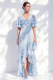 Mermaid Chiffon Blue Floral V-Neck Ruffled High Low Mother Of the Bride Dress