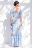 Mermaid Chiffon Blue Floral V-Neck Ruffled High Low Mother Of the Bride Dress