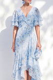 Mermaid Chiffon Blue Floral V-Neck Ruffled High Low Mother Of the Bride Dress