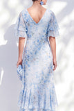 Mermaid Chiffon Blue Floral V-Neck Ruffled High Low Mother Of the Bride Dress
