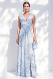 A-Line Chiffon Blue Floral V-Neck Ruched Long Mother Of the Bride Dress with Slit