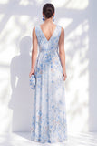 A-Line Chiffon Blue Floral V-Neck Ruched Long Mother Of the Bride Dress with Slit