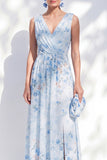 A-Line Chiffon Blue Floral V-Neck Ruched Long Mother Of the Bride Dress with Slit