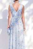 A-Line Chiffon Blue Floral V-Neck Ruched Long Mother Of the Bride Dress with Slit