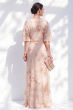 Mermaid Champagne Floral Bateau Neck Ruffled Long Mother Of the Bride Dress
