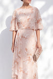 Mermaid Champagne Floral Bateau Neck Ruffled Long Mother Of the Bride Dress