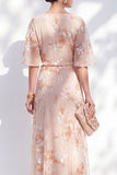 Mermaid Champagne Floral Bateau Neck Ruffled Long Mother Of the Bride Dress