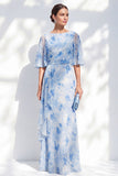 Mermaid Light Blue Chiffon Floral Ruffled Bateau Neck Long Mother Of the Bride Dress
