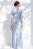 Mermaid Light Blue Chiffon Floral Ruffled Bateau Neck Long Mother Of the Bride Dress