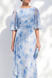 Mermaid Light Blue Chiffon Floral Ruffled Bateau Neck Long Mother Of the Bride Dress