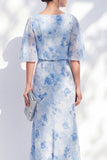Mermaid Light Blue Chiffon Floral Ruffled Bateau Neck Long Mother Of the Bride Dress