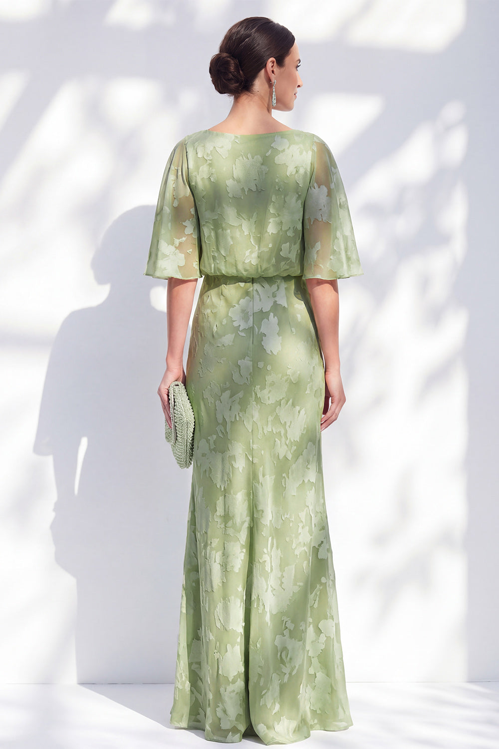 Zapaka Women Sage Green Mermaid Mother Of the Bride Dress with Half Sleeves Chiffon Bateau Neck Ruffled Floral Long Wedding Guest Dress, Sage Green / Zapaka Women Sage Green Mermaid Mother Of the Bride Dress with Half Sleeves Chiffon Bateau Neck Ruffled Floral Long Wedding Guest Dress, Sage Green /