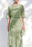 Sage Green Mermaid Chiffon Floral Ruffled Bateau Neck Long Mother Of the Bride Dress