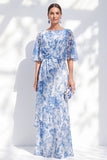 White Blue Flower Mermaid Chiffon Bateau Neck Long Ruffled Mother Of the Bride Dress
