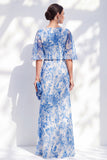 White Blue Flower Mermaid Chiffon Bateau Neck Long Ruffled Mother Of the Bride Dress