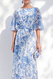 White Blue Flower Mermaid Chiffon Bateau Neck Long Ruffled Mother Of the Bride Dress