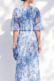 White Blue Flower Mermaid Chiffon Bateau Neck Long Ruffled Mother Of the Bride Dress