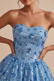 Sparkly A-Line Sky Blue Sweetheart Sequins Homecoming Dress