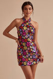 Sparkly Black Floral Halter Neck Bodycon Sequins Homecoming Dress