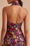 Sparkly Black Floral Halter Neck Bodycon Sequins Homecoming Dress