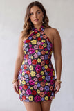 Sparkly Black Floral Sequins Bodycon Halter Neck Plus Size Homecoming Dress