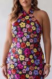 Sparkly Black Floral Sequins Bodycon Halter Neck Plus Size Homecoming Dress