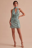 Sparkly Light Green Halter Neck Tight Mini Sequins Cocktail Dress