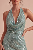 Sparkly Light Green Halter Neck Tight Mini Sequins Cocktail Dress