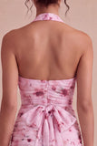 Pink Floral Halter Neck Tight Chiffon Mini Cocktail Dress with Bow
