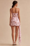 Pink Floral Corset Tight Chiffon Mini Cocktail Dress with Sash