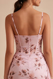 Pink Floral Corset Tight Chiffon Mini Cocktail Dress with Sash