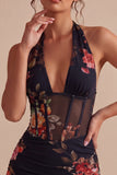 Black Halter Neck Floral Sheer Corset Bodycon Mini Cocktail Dress